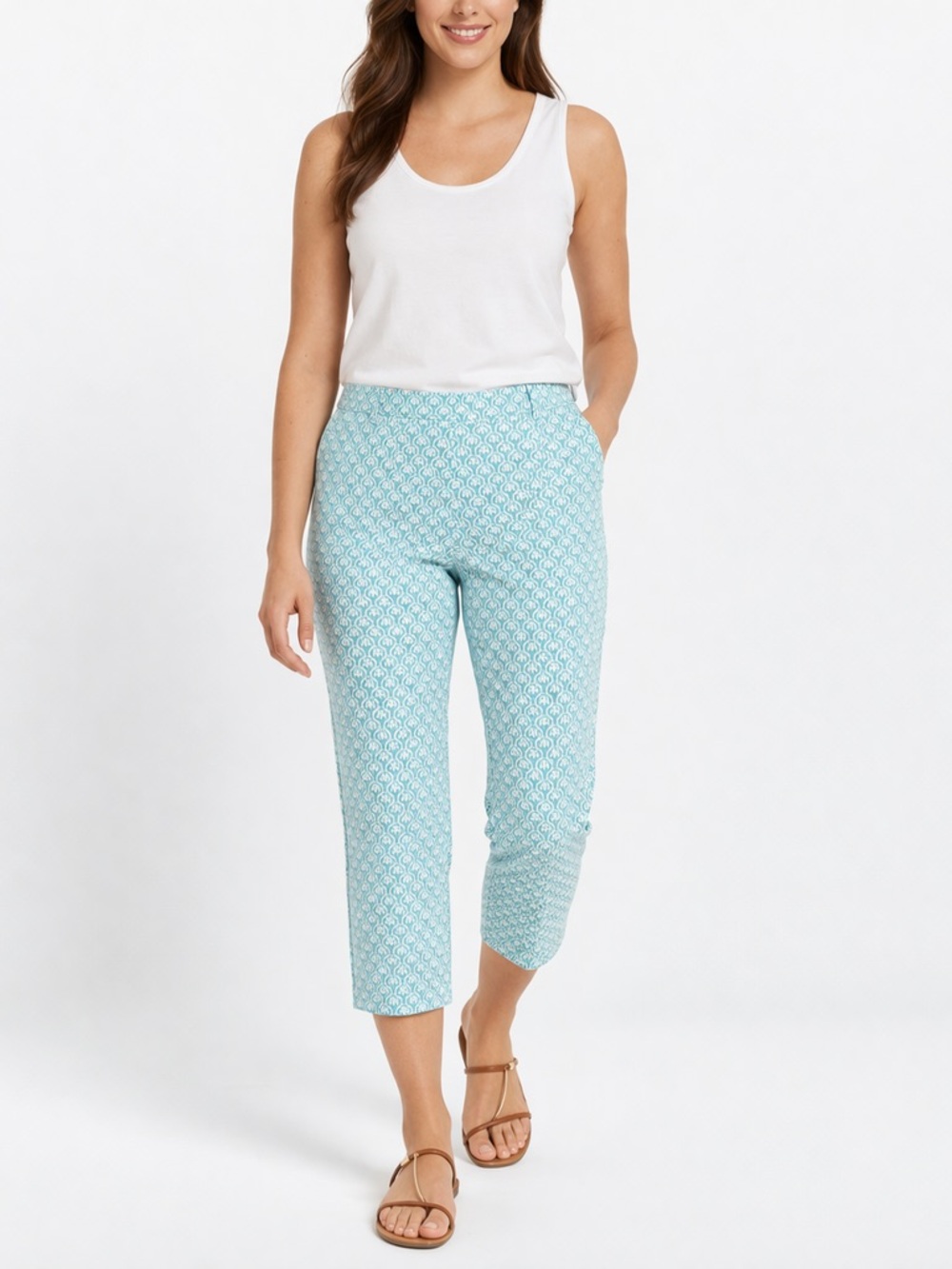 Talbots Perfect Crop Pants Blue White Print Stretch Capri Size 12